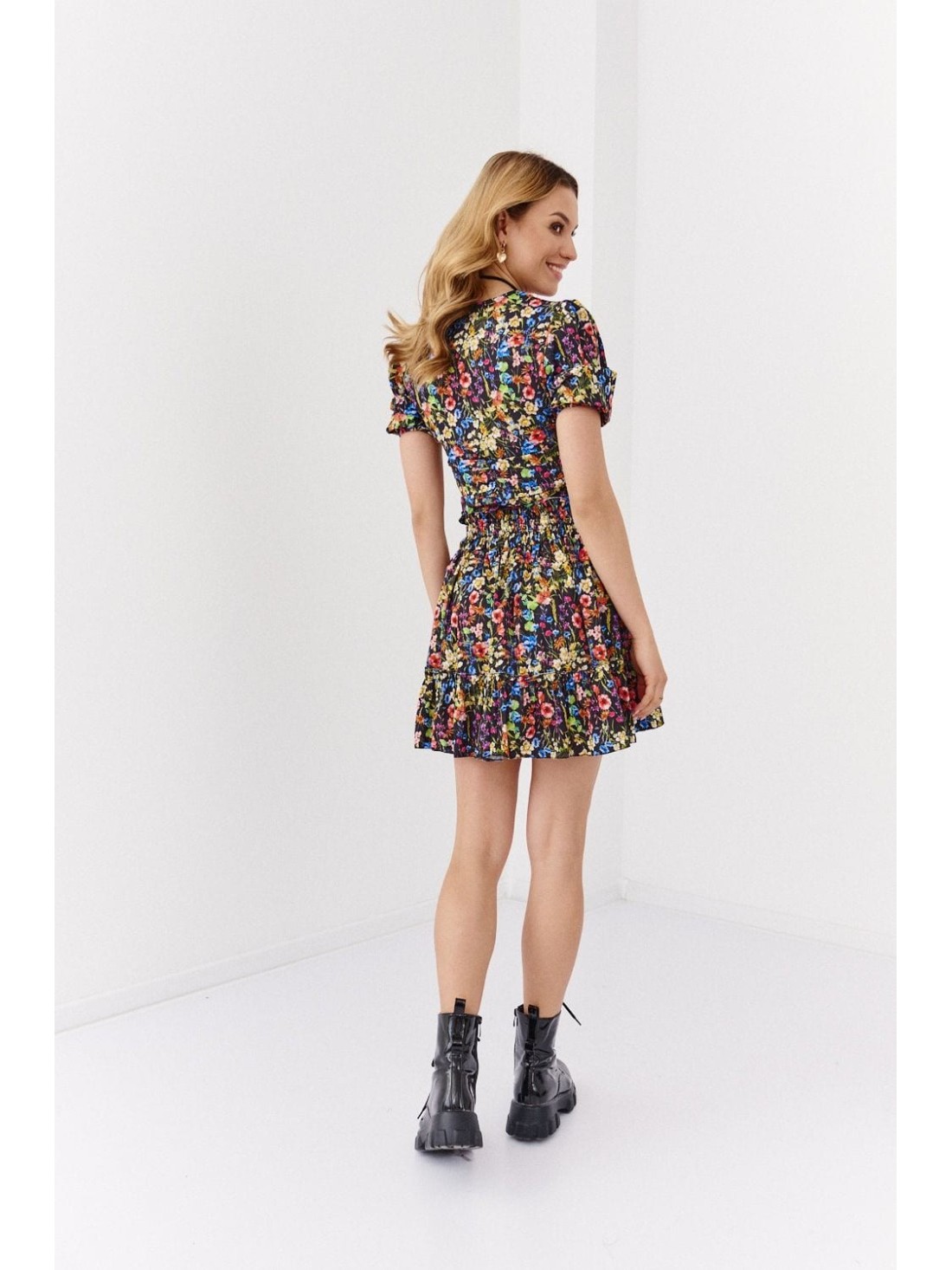 Fusta mini floral coral negru 04004 - Magazin online - Boutique